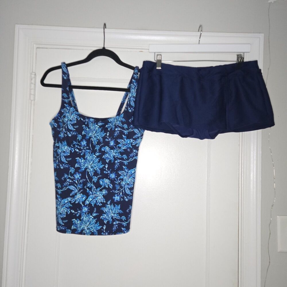 Lands End Size 6 Navy Floral Tankini Swim Set Women's Swim Skirt Resortwear